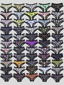 Dircho 10pcs Random Women's Print Briefs Set & Star-Moon & Heart & Cartoon Pattern & Black Lace Trim & Mixed Color Scheme & Daily Comfort Underwear - Multicolor - View 11