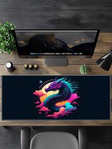霓虹龍電競滑鼠墊，大尺寸加長桌墊，彩色幻想龍圖案，防滑橡膠底，縫製邊緣，適合電競玩家鍵盤墊，辦公室居家裝飾 - 查看 1