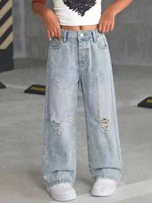 Tween Girl Distressed Button Pocket Jeans Spring Fashion - Blue - View 1