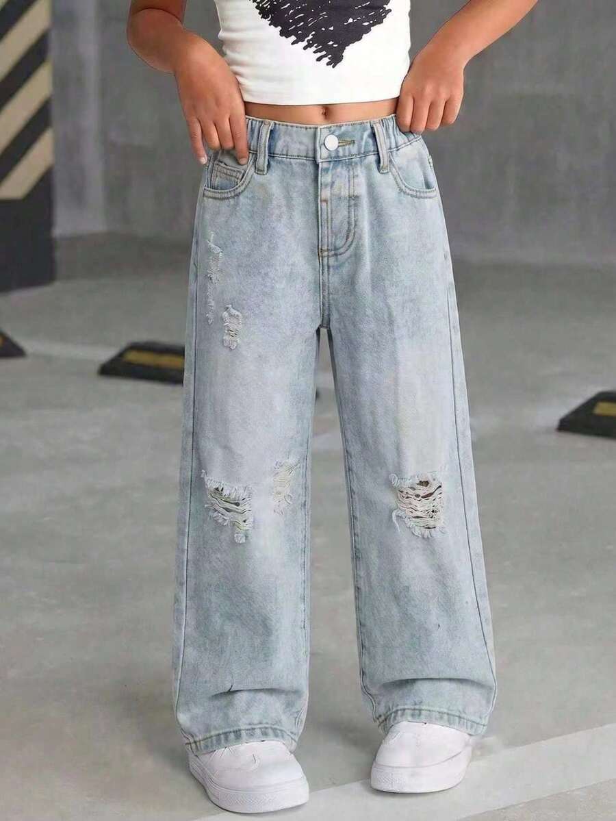 Tween Girl Distressed Button Pocket Jeans Spring Fashion - Blue - View 1