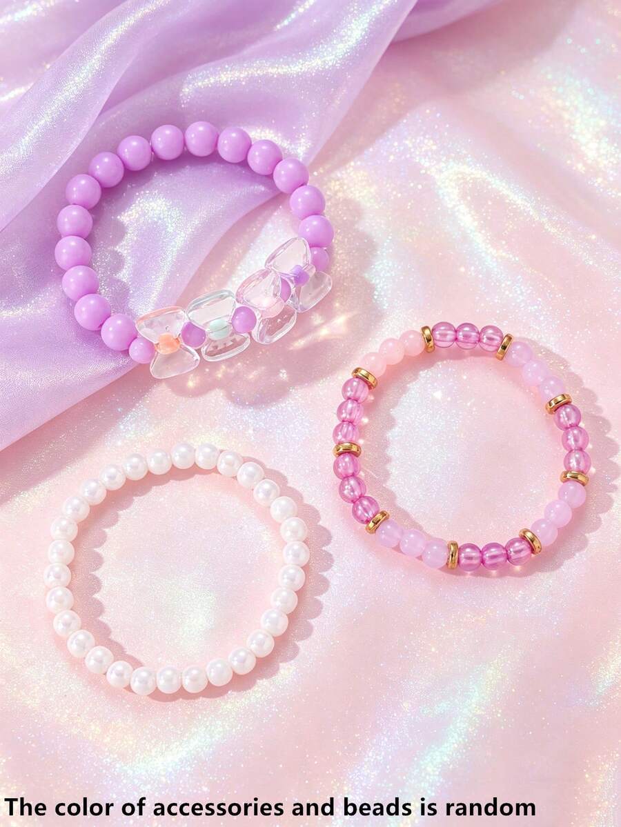 3pcs/Set Girls Colorful Beads Beaded Bow Bracelet Set Combination Suitable For Daily Decoration - Multicolor - View 1