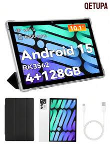 Qetupa 10.1-Inch Android 15 Tablet, MTK 6737 Quad-Core 1.3GHz/4GB RAM+64GB/128GB ROM/WiFi 2.4G+WiFi 6/Bluetooth 5.2/1280x800 IPS Touchscreen/Dual Camera 5MP+13MP/Type C/6000mAh (Adapter Not Included) - Silver With Leather Case - View 1