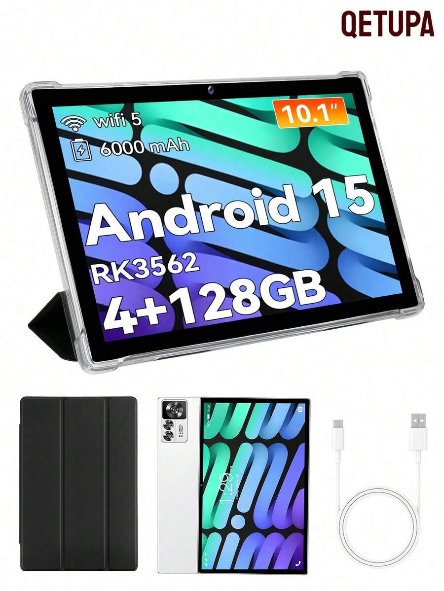 Qetupa 10.1-Inch Android 15 Tablet, MTK 6737 Quad-Core 1.3GHz/4GB RAM+64GB/128GB ROM/WiFi 2.4G+WiFi 6/Bluetooth 5.2/1280x800 IPS Touchscreen/Dual Camera 5MP+13MP/Type C/6000mAh (Adapter Not Included) - Silver With Leather Case - View 1