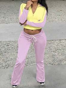 Winter Outfit,Date Night Look,Valentine's Day,Women Fashion Color Block Hooded Zip Up Top With Drawstring Casual Lounge Pants Set - Pink - View 1