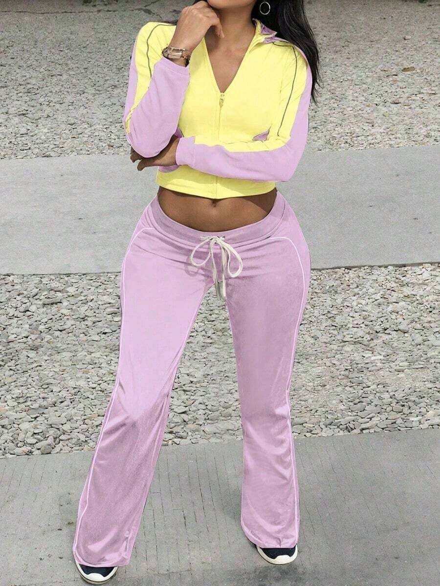 Winter Outfit,Date Night Look,Valentine's Day,Women Fashion Color Block Hooded Zip Up Top With Drawstring Casual Lounge Pants Set - Pink - View 1