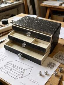 1 pieza Caja de joyas con 3 cajones y strass, caja de almacenamiento de joyas multifuncional de gran capacidad, caja de almacenamiento lujosa y brillante, organizador de joyas, caja de joyas decorativa, joyas, regalo, distribución, caja, caja de almacenamiento de accesorios, regalo para mujeres, regalo para regreso a clases - Negro - Ver 13