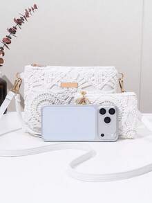 2pcs Women's Fashion Shoulder Bag With Small Wallet, Hollow Woven Crochet Pattern, Adjustable Shoulder Strap, Casual Daily Shoulder Bag, Lightweight Handbag - White - View 4