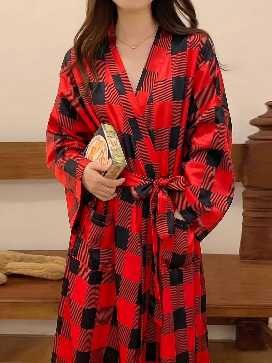 女款春夏秋新款睡袍家居服浴袍，洋裝式可穿式長款睡袍，寬鬆性感繫帶睡袍睡裙，和服風浴袍 - 紅色格子 - 查看 1