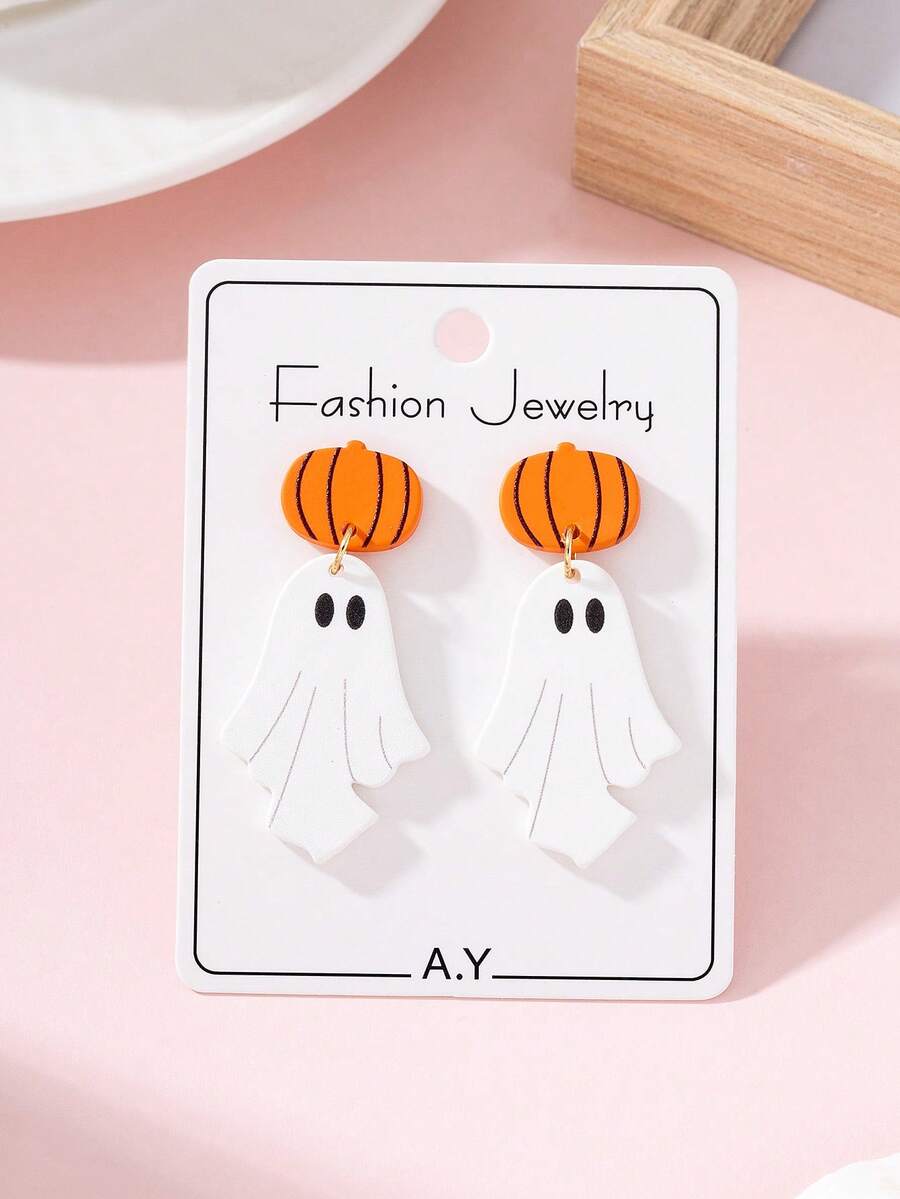 1 par de pendientes de joyería de moda para mujer con diseño de calabaza fantasma de esmalte lindo de Halloween, decoración perfecta para fiestas y reuniones festivas - Multicolor - Ver 1