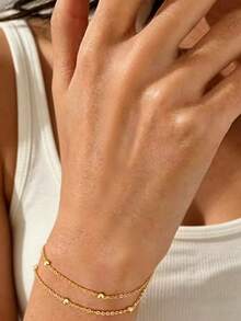 1pc Gold-Color European And American Style Metal Ball Chain Linked Finger Ring Bracelet, Unique Design, Suitable For Summer Beach Wear - Gold - View 4