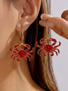 Pendientes con colgante de cangrejo exagerado estilo festivo - Diseño creativo para pendientes inspirados en la playa - Rojo - Ver 1
