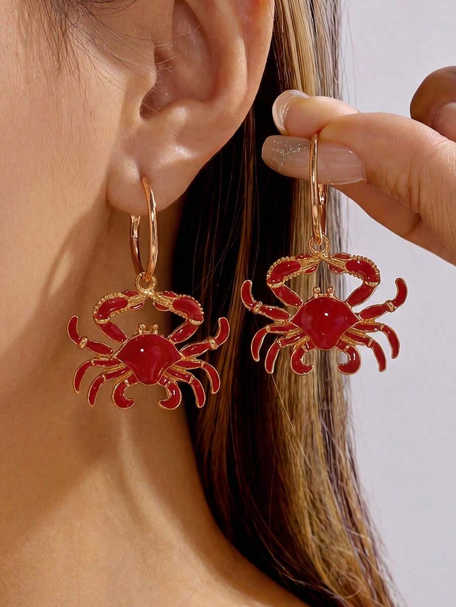 Pendientes con colgante de cangrejo exagerado estilo festivo - Diseño creativo para pendientes inspirados en la playa - Rojo - Ver 1