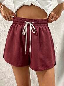 These Ribbed Pure Cotton Floral Print Women's Athletic Shorts Are Fashionable, Casual, And Versatile. Made Of Soft Fabric, They Are Perfect For Summer - Maroon - View 2
