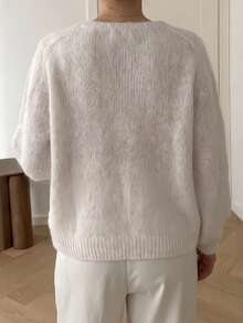 Women's Solid Color Round Neck Button Knit Cardigan, Loose Lazy Pullover Sweater, Elegant Round Neck Button Front Knit Sweater Jacket Fall - Beige - View 2