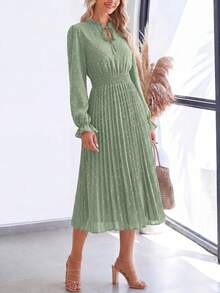 PRETTYGARDEN Women's Spring Fall Midi Dress Casual Long Sleeve V Neck Swiss Dot Pleated A Line Flowy Dresses New Years Party Valentine Vacation Dresses For Women - 淺綠_ - 查看 4