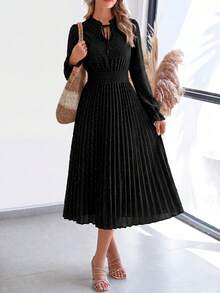 PRETTYGARDEN Women's Spring Fall Midi Dress Casual Long Sleeve V Neck Swiss Dot Pleated A Line Flowy Dresses New Years Party Valentine Vacation Dresses For Women - 黑色 - 查看 1
