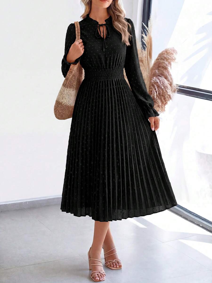 PRETTYGARDEN Women's Spring Fall Midi Dress Casual Long Sleeve V Neck Swiss Dot Pleated A Line Flowy Dresses New Years Party Valentine Vacation Dresses For Women - 黑色 - 查看 1