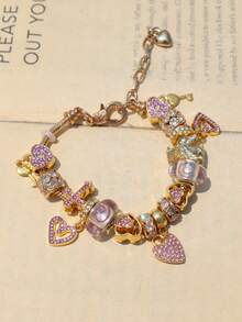 1pc Fashion Swirl Charm Bracelet, 1pc Cross & Key DIY Bracelet, 1pc Classic Lock & Key Bracelet, 1pc Cross & Heart Bracelet - Gold - View 8