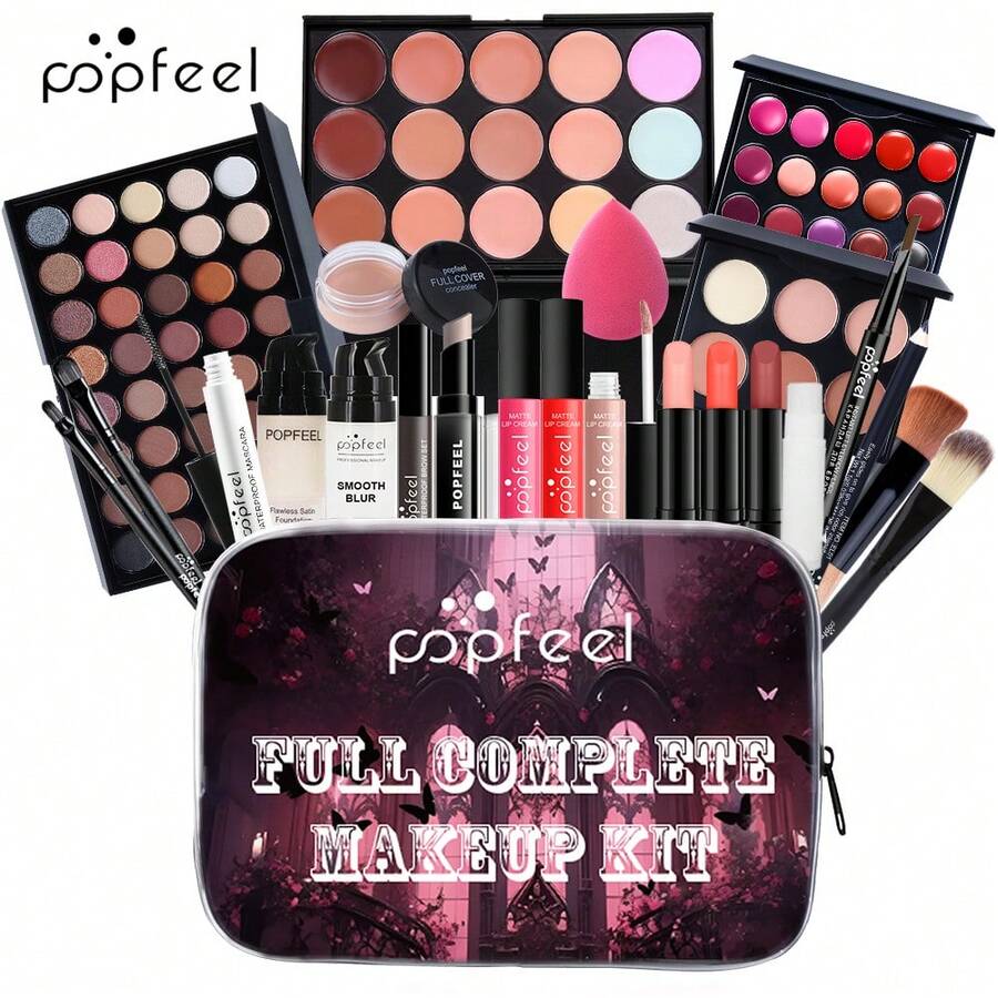 Popfeel 全方位彩妝套裝,含眼影、口紅、唇彩與全臉化妝品,持久且適合初學者,附便攜收納包,適用日常與旅行 - 棕色 - 查看 1
