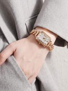 JUSMI Elegant Teen Gold-Tone Watch, Slim Rectangular Dial With Crystal Details & Chain Strap Analog Pointer Watch - Gold - View 3