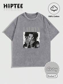 With Ring On Hand - 100% Cotton Women's T-Shirt Lauren Hill Letter Print Y2k Vintage Tee Casual Summer Plus Size Top - Niche Graffiti Prints Shirts - Washed T - Grey - 查看 1