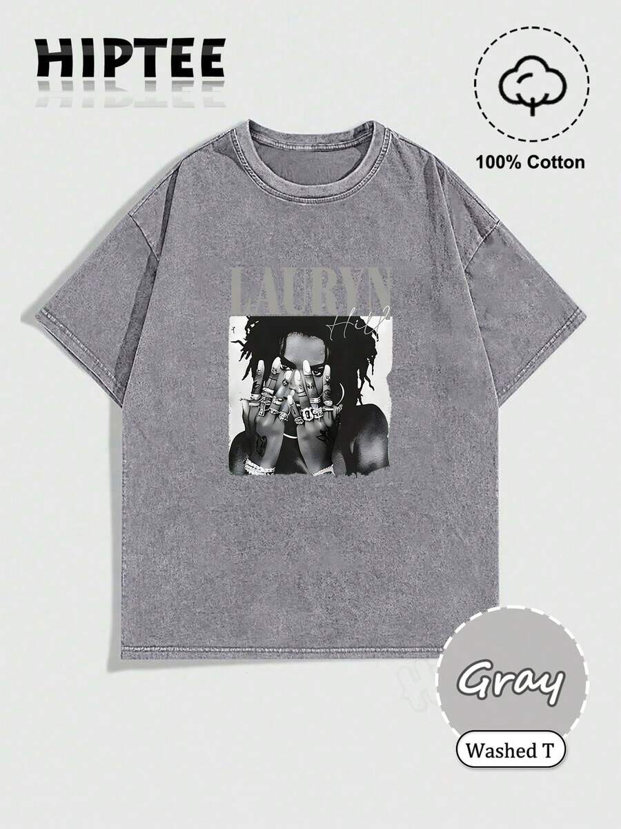With Ring On Hand - 100% Cotton Women's T-Shirt Lauren Hill Letter Print Y2k Vintage Tee Casual Summer Plus Size Top - Niche Graffiti Prints Shirts - Washed T - Grey - 查看 1