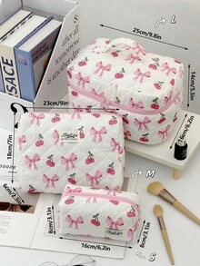 1 pieza/Set Bolsa de cosméticos acolchada con estampado lindo de cereza & lazo, almacenamiento para artículos de tocador, bolsa multiusos para maquillaje & artículos sanitarios para niñas, uso de viaje & diario - Multicolor - Ver 10