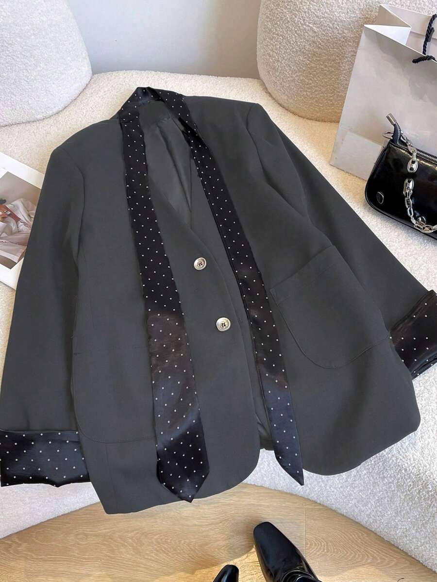 Black Polka Dot Blazer, V-Neck With Satin Detail And Large Pockets, Suitable For Work, Party And World Cup Occasions, Women's Versatile Commuter Fashion Jacket