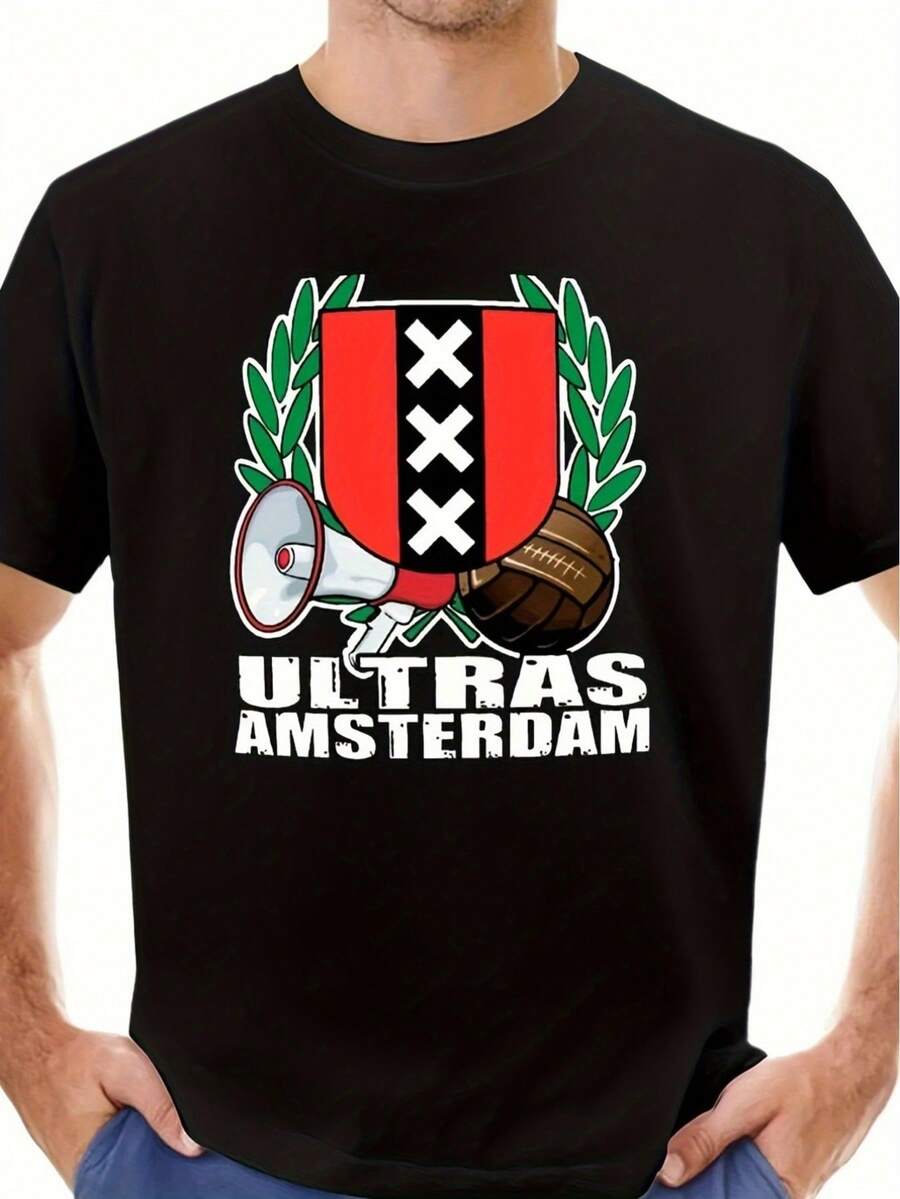 220g Cotton T-Shirt With Amsterdam Supporters Logo. Comfortable For Matches And Everyday Wear. - 黑色 - 查看 1