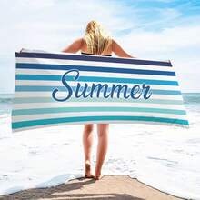 1pc Ultra Soft Blue Striped Summer Pattern Printed Microfiber Beach Towel, Home Decor, Suitable For Beach, Pool, Camping And Travel, Extremely Comfortable - Multicolor - View 3