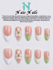 NAIO 10片/組手工穿戴甲，3種尺寸：棺材形/杏仁形/短方型，Y2K清新風格，裸色法式美甲搭配3D花卉與綠葉設計，適合女性與女孩，日常使用與派對，女士美甲禮物，美甲用品 - 彩色 - 查看 13