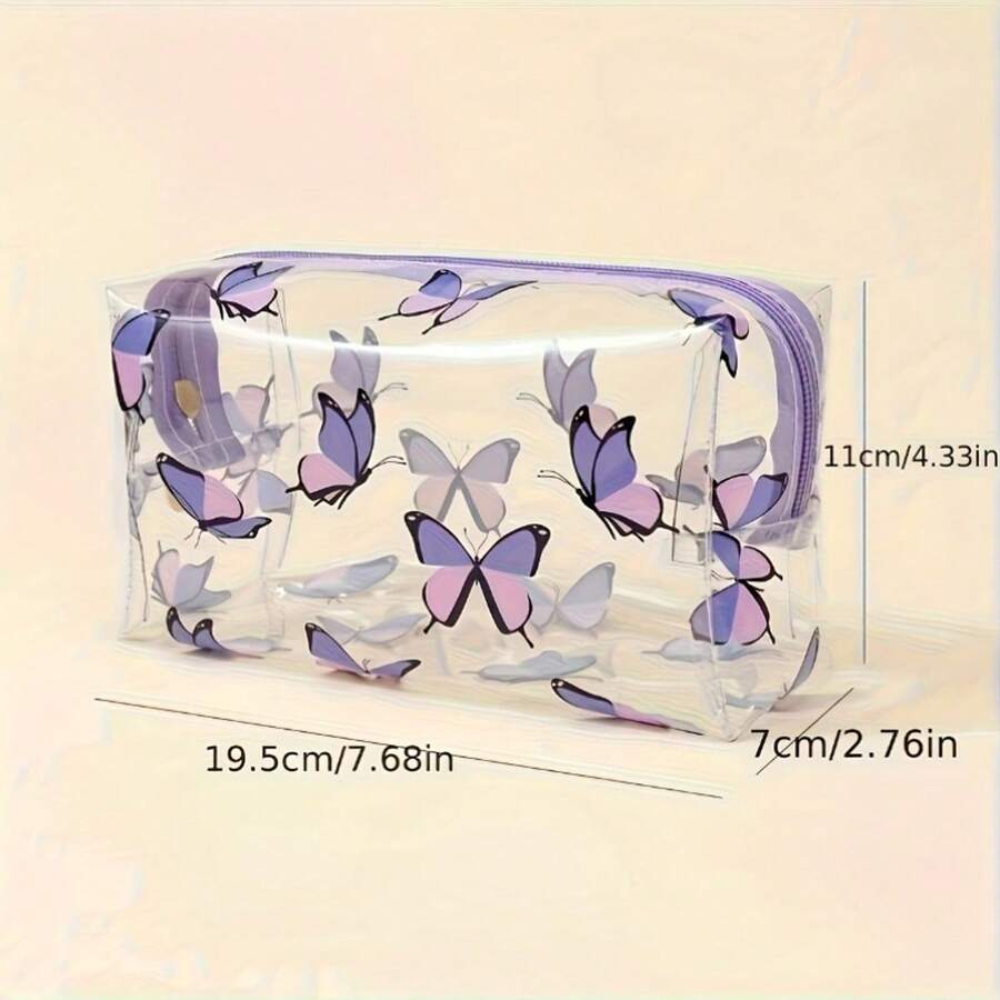 Lila transparenter Federmäppchen und Schmetterlingsmuster Make-up Organizer Tasche, PVC Material große Kapazität Kulturbeutel, langanhaltend Reißverschluss Aufbewahrungstasche, Büro Reise tragbare Federmäppchen, Schulanfang Saison universelle Schreibwaren Make-up Tasche - mehrfarbig - Übersicht 1