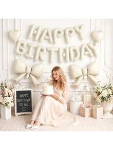 20 Stücke und 15 Stücke Set cremeweiße Happy Birthday Banner + 21-Zoll cremeweiße Schleifenballons + 18-Zoll herzförmige Folienballons, geeignet für Mädchen, Geburtstagsdekoration für Frauen, Prinzessinnen-Stil Partydekoration, cremefarbene Geburtstags-Themen-Partydekoration Ballons - Geburtstag - View 2