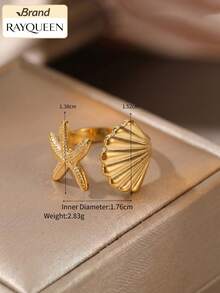 RAYQUEEN 1 pieza Anillo de acero inoxidable con estrella de mar y concha para mujer, anillo de banda abierta elegante, versátil, dulce y fresco, adecuado para uso diario - anillo - Ver 9