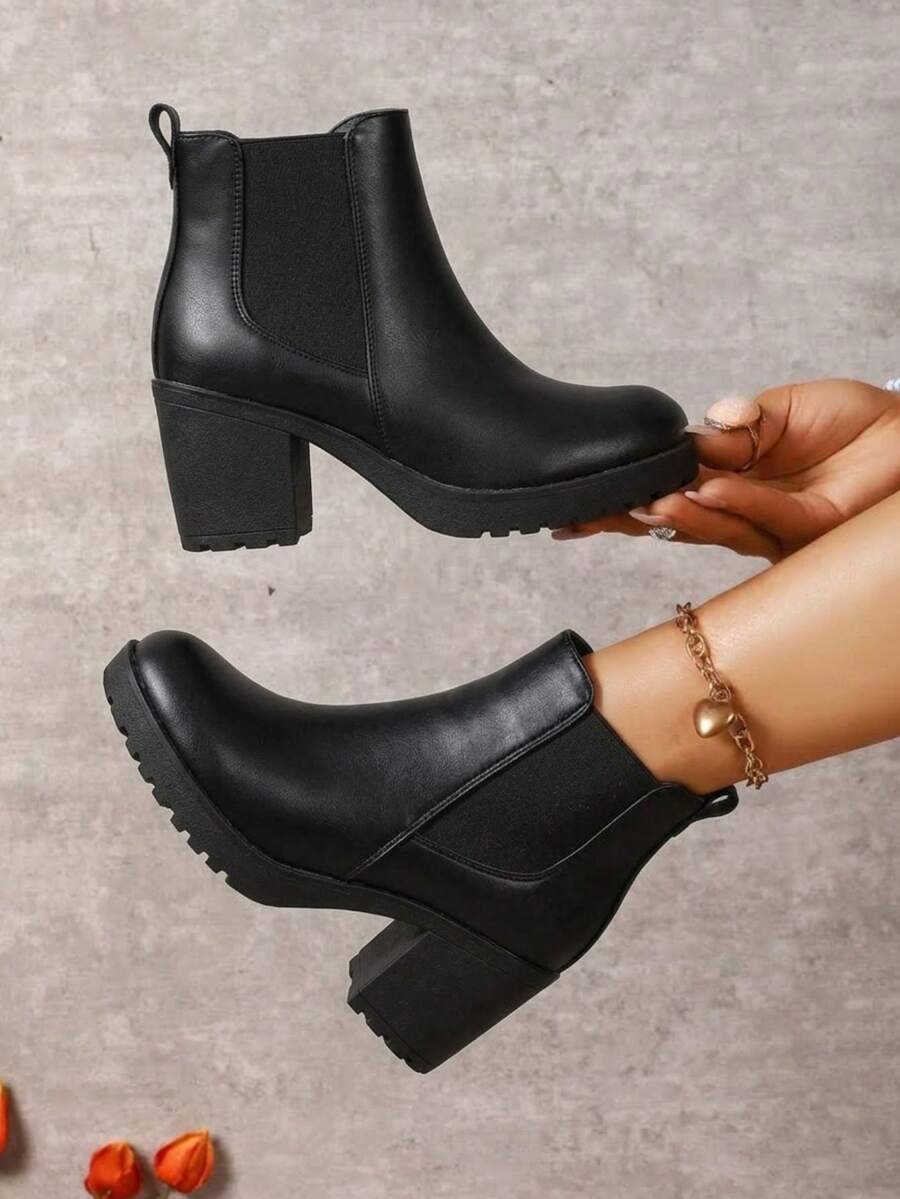 Women's Chunky Low Heel Chelsea Ankle Booties, Fashion Platform Fall Boots With Side Elastic Panels - 黑色 - 查看 1