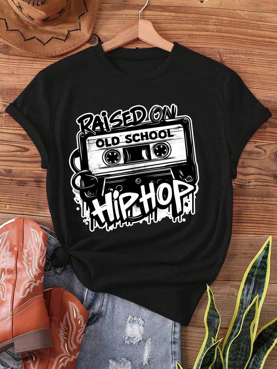 And - A Vintage Black T-Shirt With Graffiti Design Inspired By Old Hip-Hop For The Anniversary Of Hip-Hop, Short Sleeve Printed T-Shirt With Round Neck, Casual Top For V - 黑色 - 查看 1