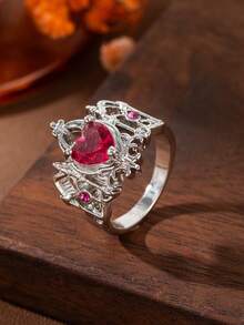 1pc Popular Women's Fashion Elegant Personalized Crown Heart-Shaped Cubic Zirconia Ring Wedding Engagement Party Jewelry Gift - Silver - View 2