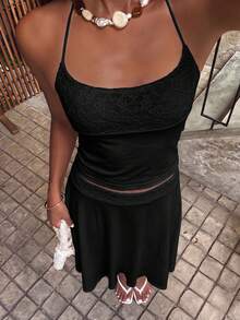 女款時尚夏季掛脖上衣與裙子套裝，適合晚間約會、出席宴會、派對穿著，優雅黑色 - 黑色 - 查看 3