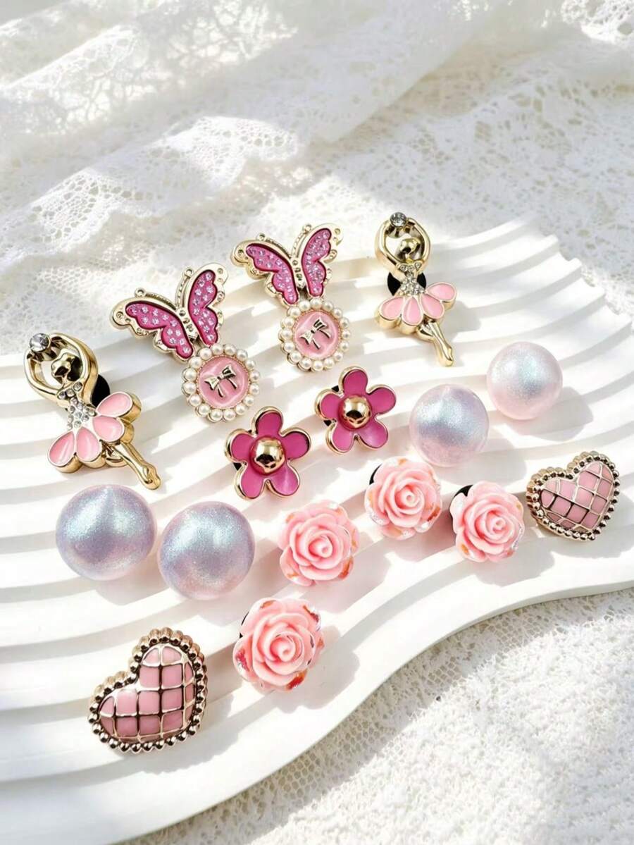 18pcs Rhinestone Butterfly Heart Pearl Flower Resin Fashion Minimalist Ins Style DIY Shoe Charms - Multicolor - View 1