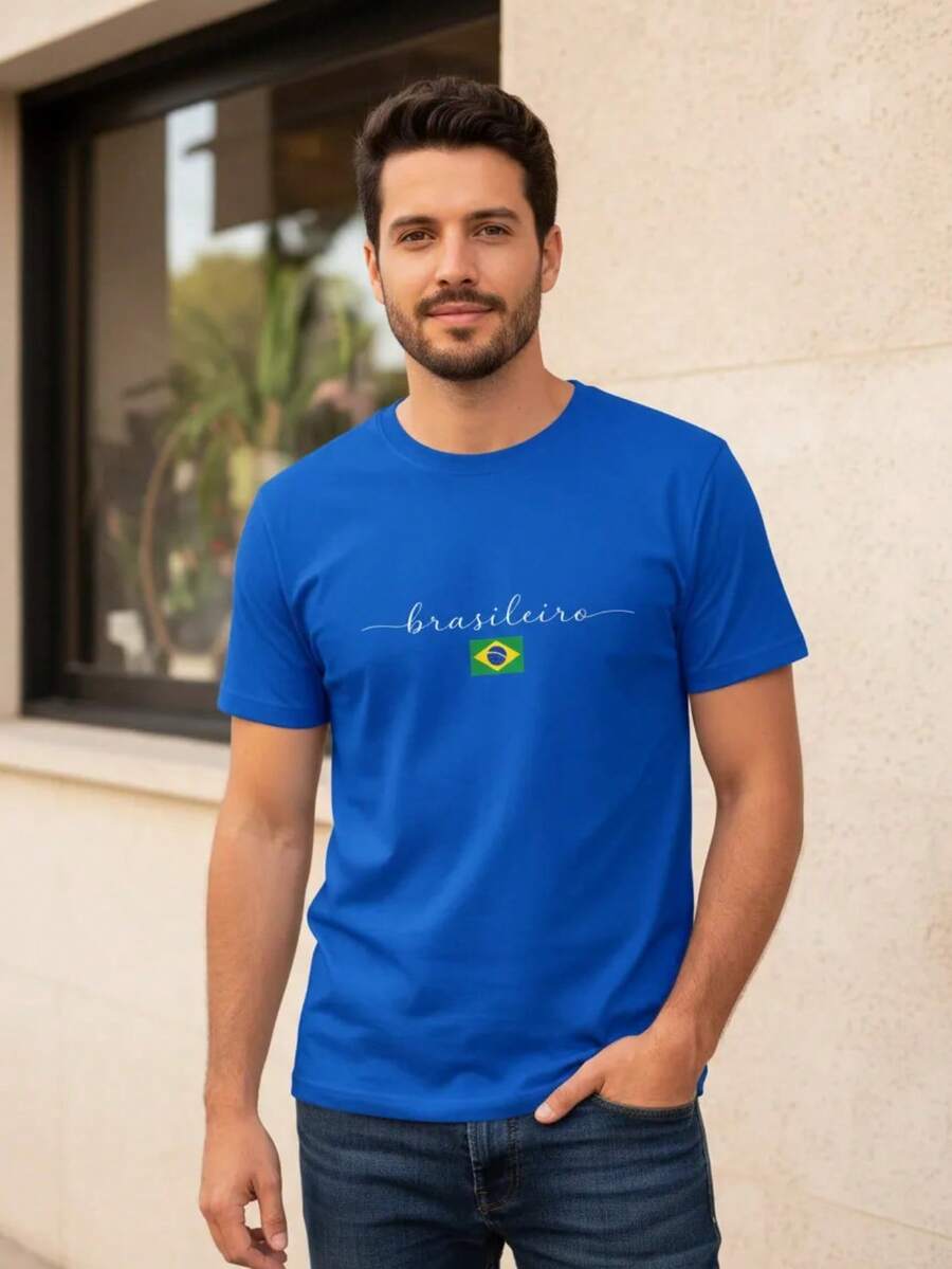 Camiseta Estampa Escrito Sou Brasileiro Bandeira Brasil - Azul - Visão 1