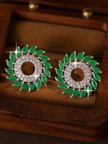 1pair Elegant Cubic Zirconia Stud Earrings,Sophisticated Sparkling Round Leaf Design Earrings For Women For Daily Wear,Parties,Dates,Travels,Weddings - Green - View 1