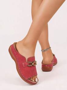 Neue Damen-Sandalen mit dicker Sohle, Keilabsatz und Plateau, Strandmode für Urlaub und Party - Rot - Übersicht 5
