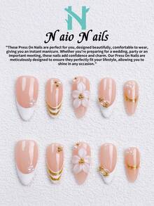 NAIO 10片/組手工穿戴式假指甲，3種尺寸：棺材型/杏仁型/短方型，Y2K優雅風，裸粉色法式美甲搭配3D花卉設計，金線與珍珠/金珠裝飾，適合女性與女孩，日常使用與派對，女士美甲禮物首選 - 彩色 - 查看 14