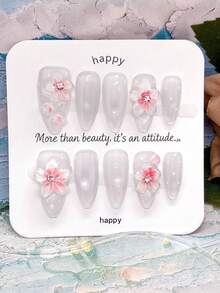 10 Stück handgefertigte Press-On-Nägel, lange Acryl-Kunstnägel in Mandelform, realistisches Set mit Sommer-Eiseffekt, 3D rosa Kirschblüte, Glasperlen und Cat-Eye, transparente weiße Nagelspitzen mit feinen Polka Dots, wiederverwendbar, für Damen - Follow Your Heart - Übersicht 5