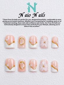 NAIO 10片/組手工穿戴式假指甲，3種尺寸：棺材形/杏仁形/短方型，Y2K優雅風，裸粉色法式美甲搭配3D花朵設計，金色線條與仿珍珠裝飾，適合女性與女孩，日常使用與派對，送給女士的絕佳禮物 - 彩色 - 查看 13