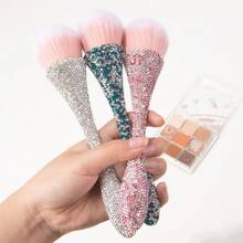 1pc Professional Rhinestone Handle Makeup Brush, Large Fluffy Synthetic Fiber Face Brush, Suitable For Foundation, Blush, Highlighter, Setting Powder, Soft Blending, Portable Makeup Tool, Suitable For Home And Travel Use - Multicolor - View 2