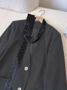 Black Polka Dot Blazer, V-Neck With Satin Detail And Large Pockets, Suitable For Work, Party And World Cup Occasions, Women's Versatile Commuter Fashion Jacket - Grey - View 9