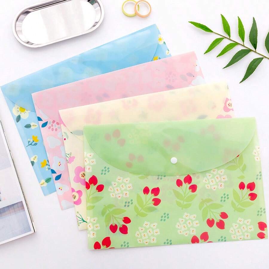 3PCS Floral A4 Document Bags - Random Style - Transparent PVC Snap Button Folders, Creative Storage For Students And Office, Pastel Floral Pattern - A - View 1