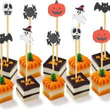 5/10/30/50/100/200pcs Halloween Bamboo Cake Toppers, Ghost Pumpkin Bat Skull Spider Shaped Cake Picks, Party Dessert Table Decoration - Multicolor - View 3