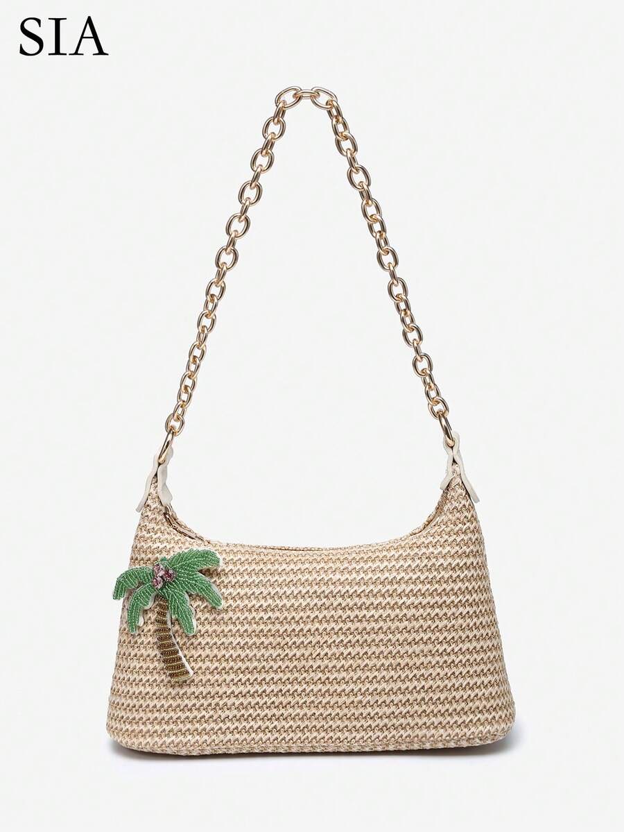 1pc Women's Minimalist Vacation Metal Chain Decor Faux Straw Flower Multi-Decor Large Capacity Handheld Baguette Bag Suitable For Outings, Dates, Commuting, Vacation - Camel - View 1